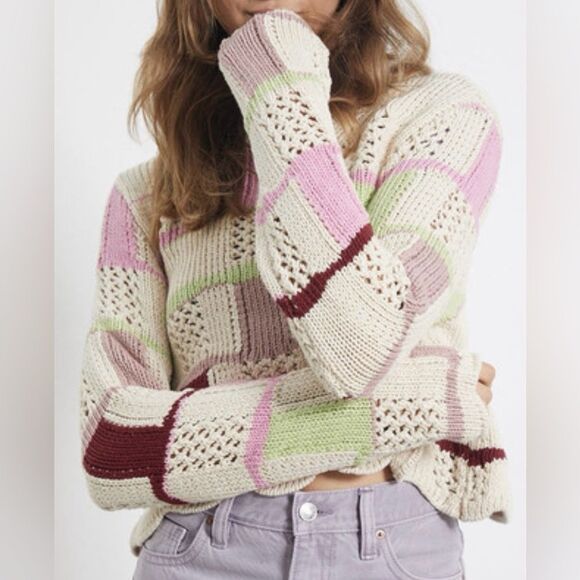 LA Hearts Mixed Messages Checker Cotton Knit Sweater in Cream Multi - Size S - Picture 1 of 7